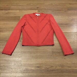 St John Collection Cardigan Sweater Sz 4 Santana Knit Full Zip Red Shoulder Pads